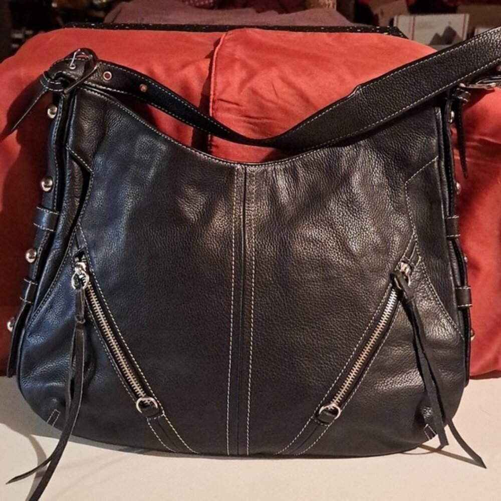 Tignanello Black Leather Hobo Bag with Front Zippers & Fringe
